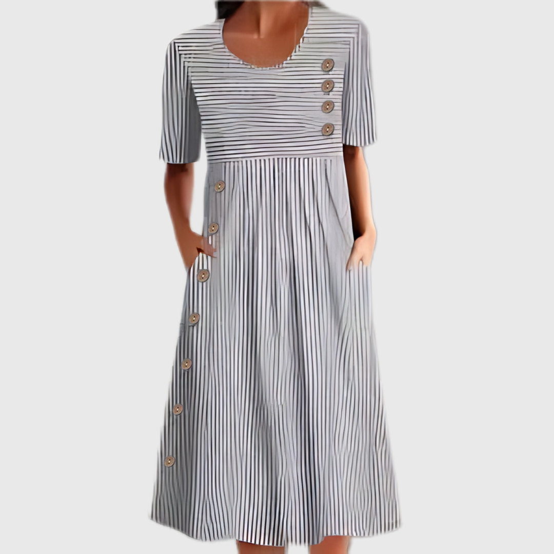 Women's Dress - Striped Midi Dress With Buttons in Blue