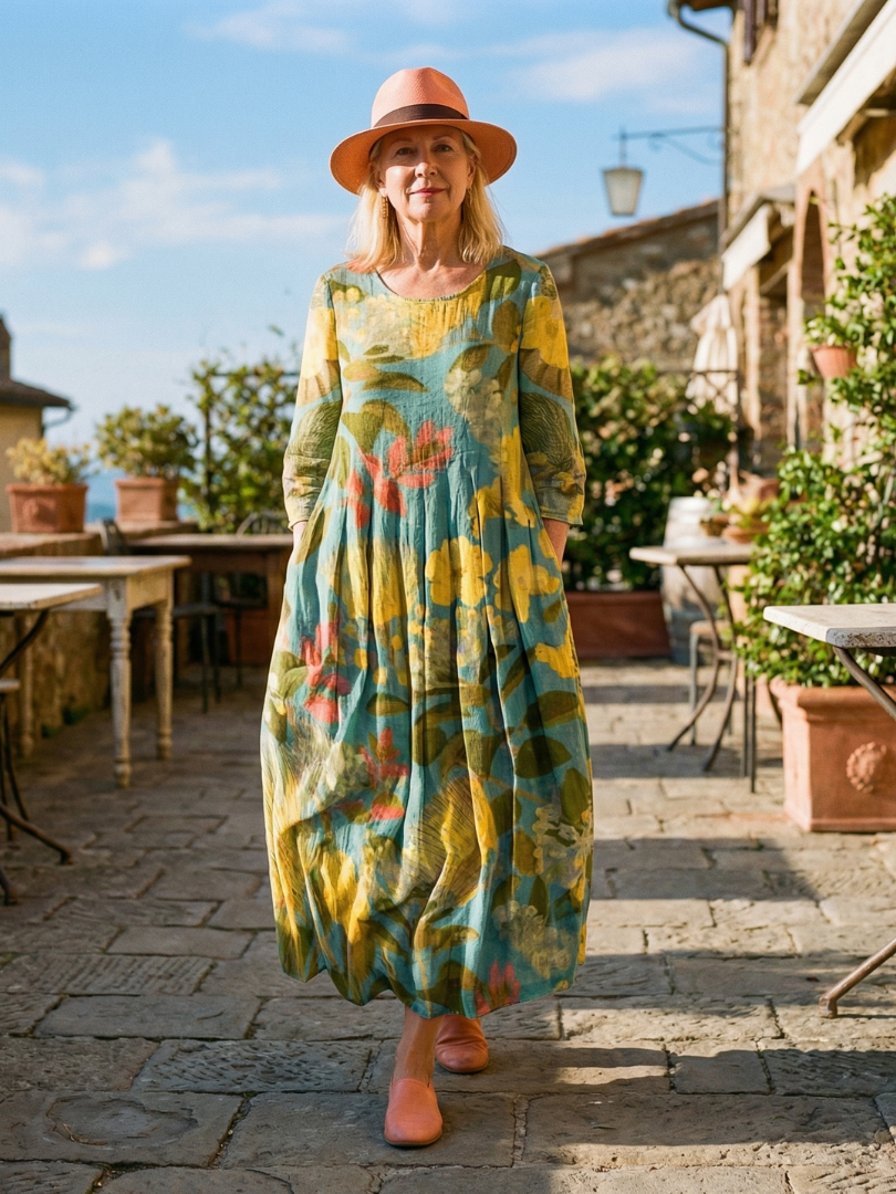 Women's Abstract Print Midi Dress Painted Canvas – Saint Dor UK – front view