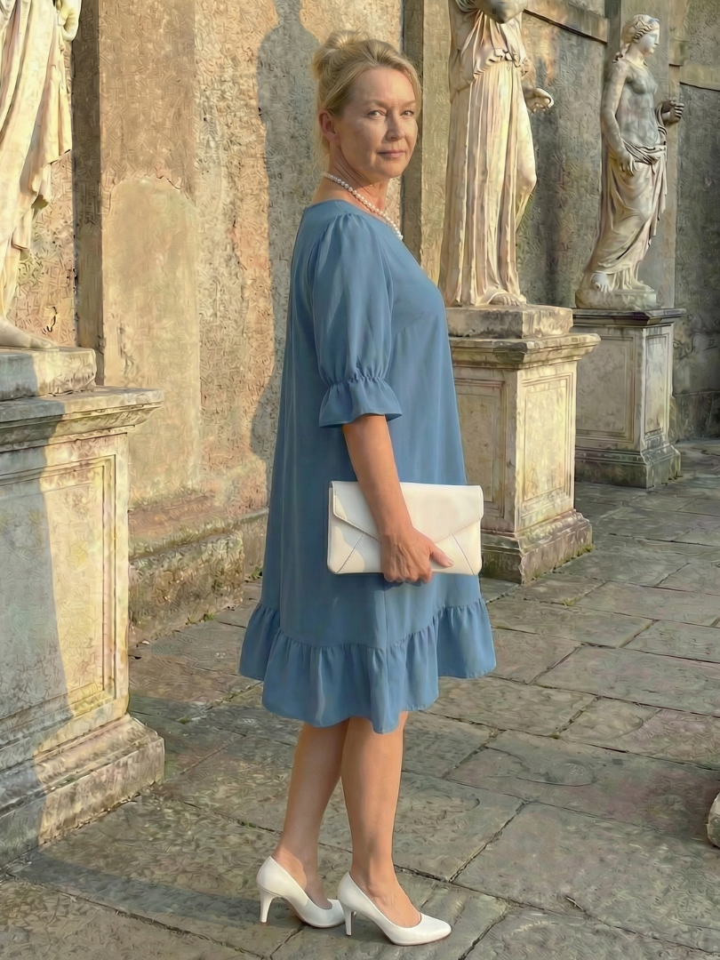 Women's Knee-Length Dress with Ruffle Cuff Detail – Saint Dor UK – front view
