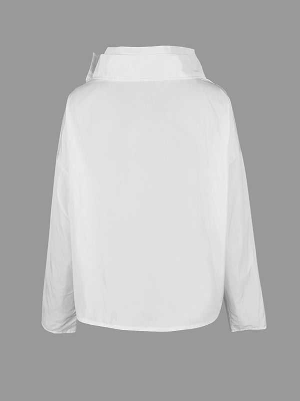Draped jacket with an asymmetric fold-over front and stand collar