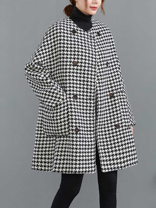 Houndstooth swing coat with a collarless round neck and two rows of buttons