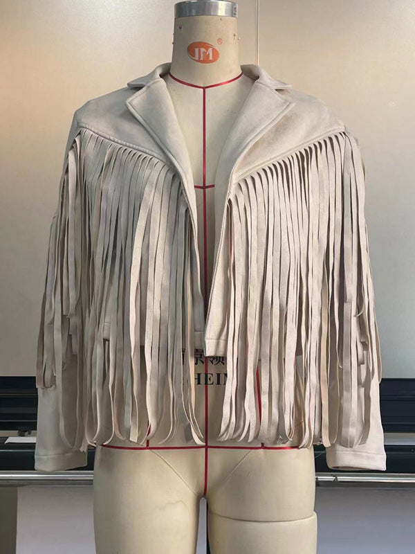 Short fringed jacket with a notch lapel and open front