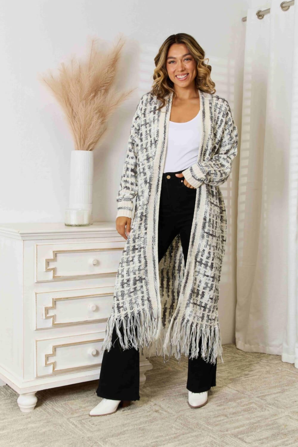Women's longline fringe cardigan in Black and White