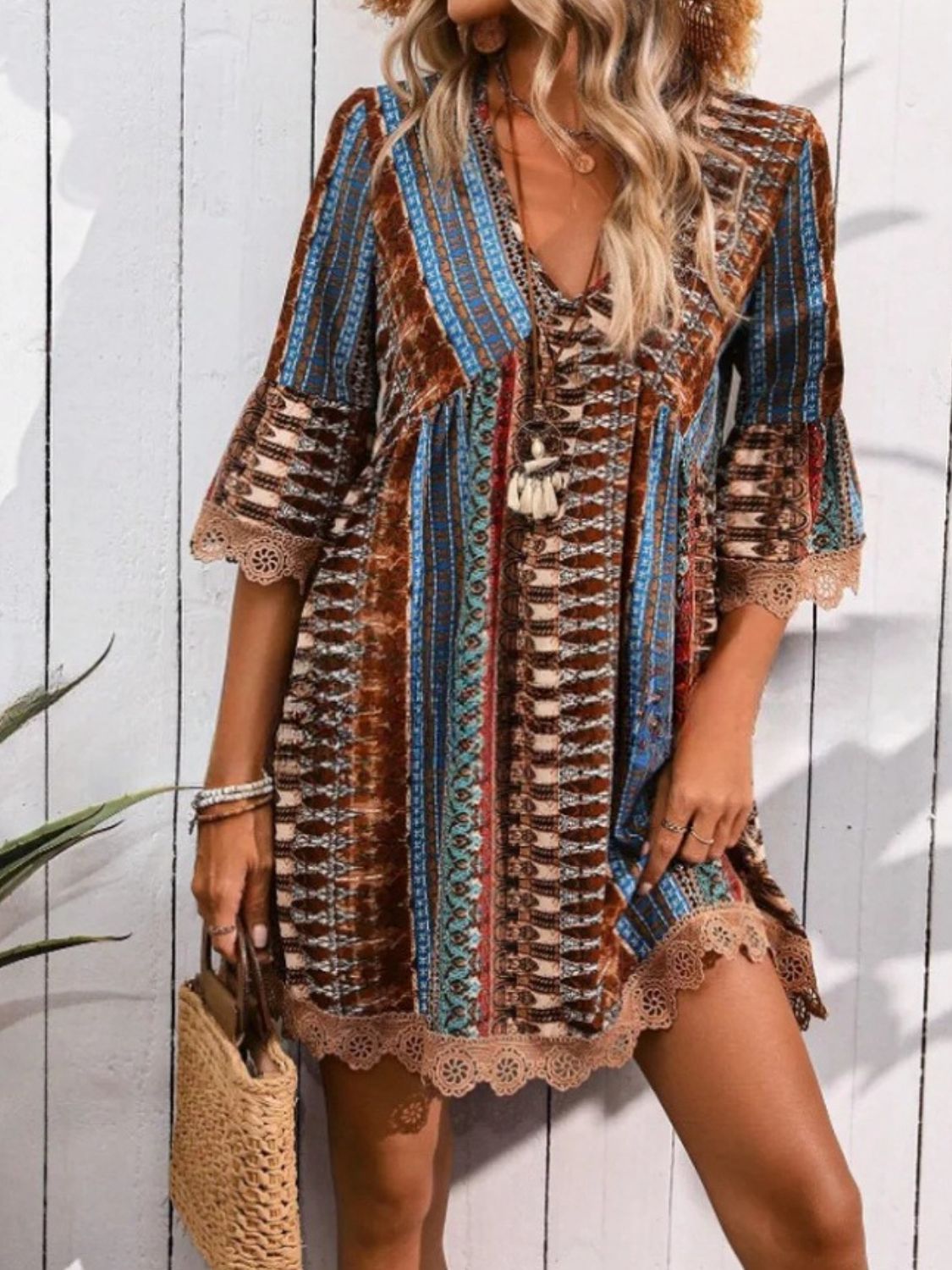 Women's boho print dress with lace trim in Brown