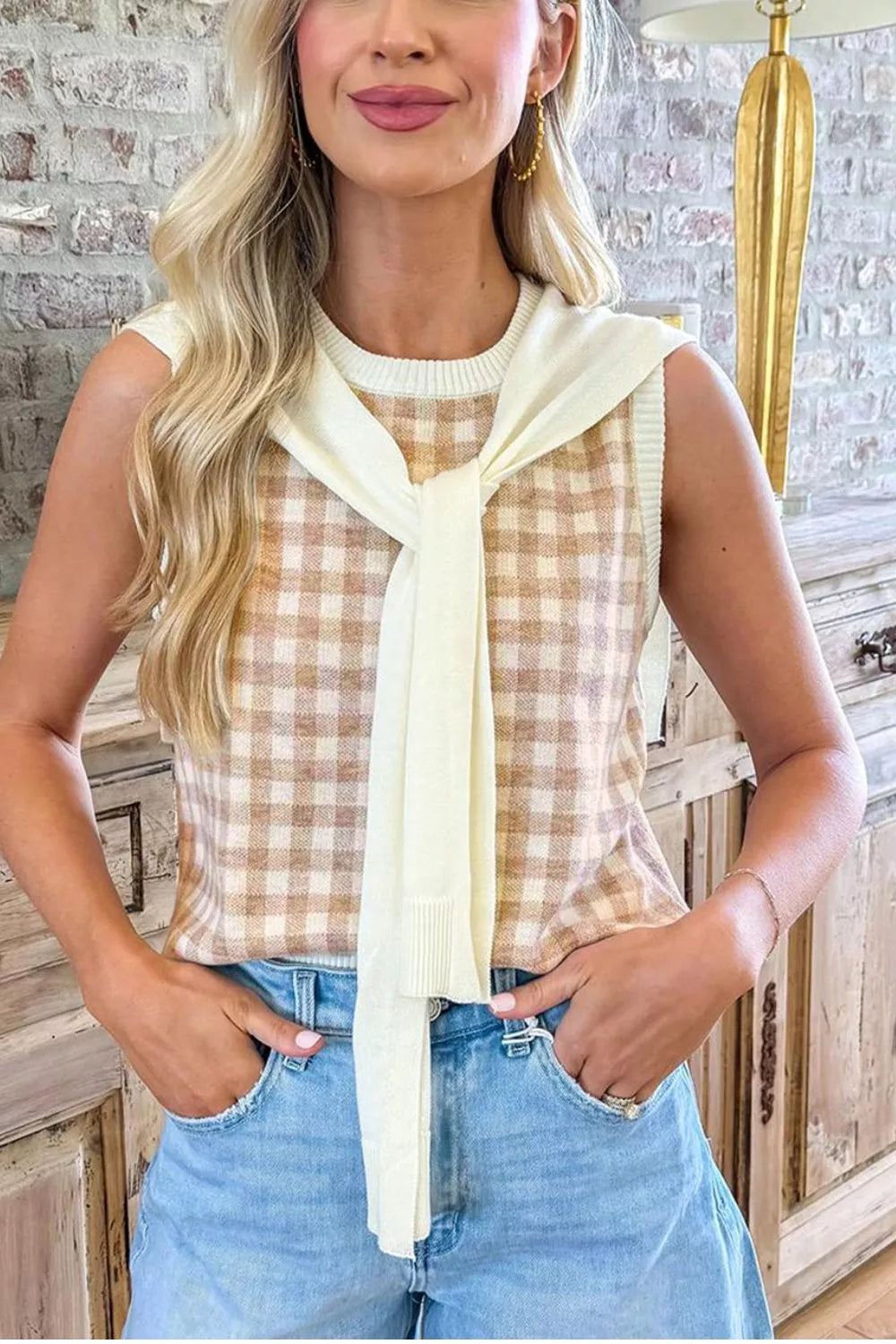 Women's check knitted vest in Tan Check
