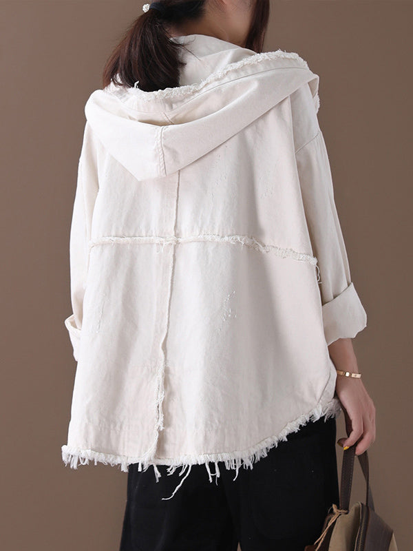 Oversized hooded jacket in washed cotton with frayed seams