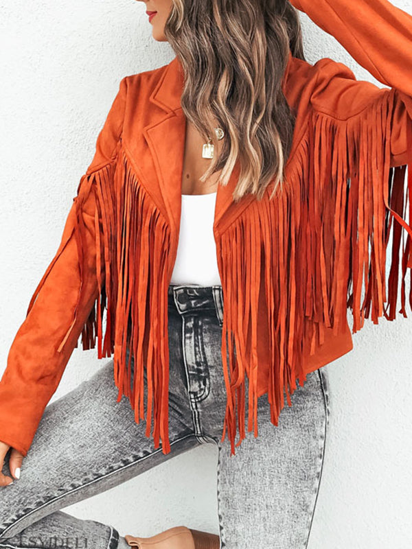 Short fringed jacket with a notch lapel and open front in orange