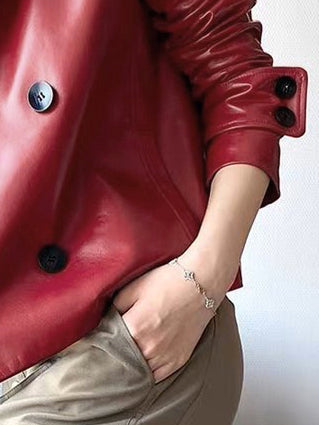 Faux leather jacket with an oversized lapel collar