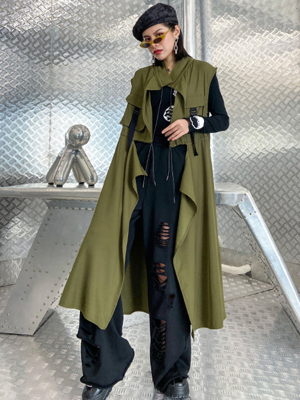 Long sleeveless gilet with a drawstring waist and an open front