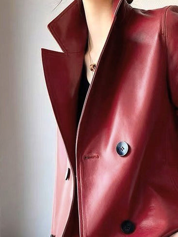 Faux leather jacket with an oversized lapel collar