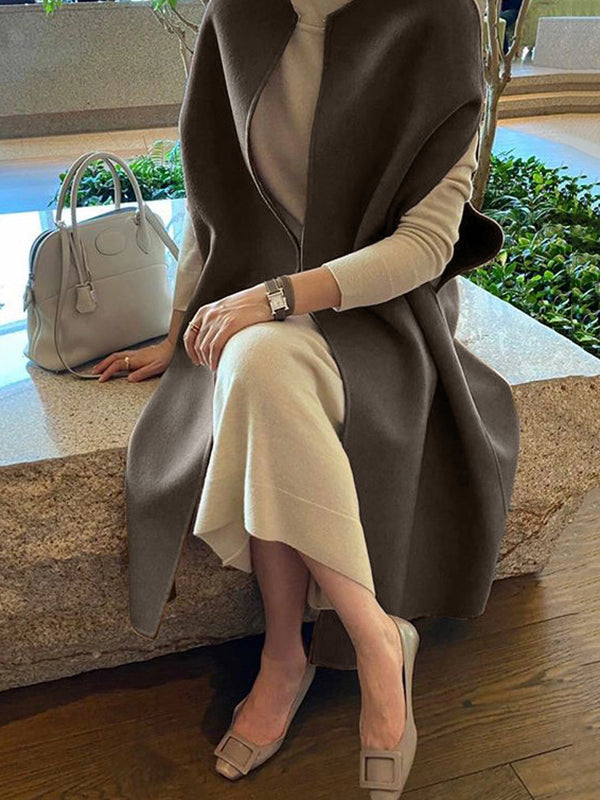 Sleeveless wool-blend cape with a round neck and a curved hem in deep brown