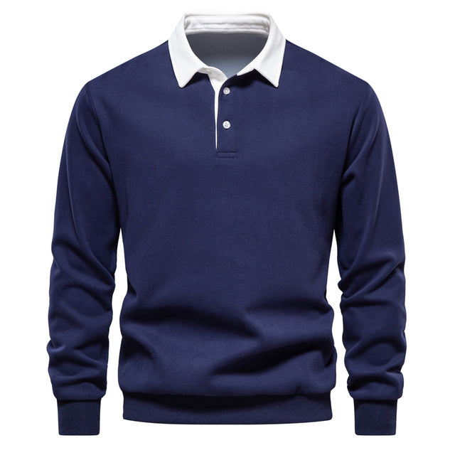 Contrast collar detail on a long sleeve rugby polo