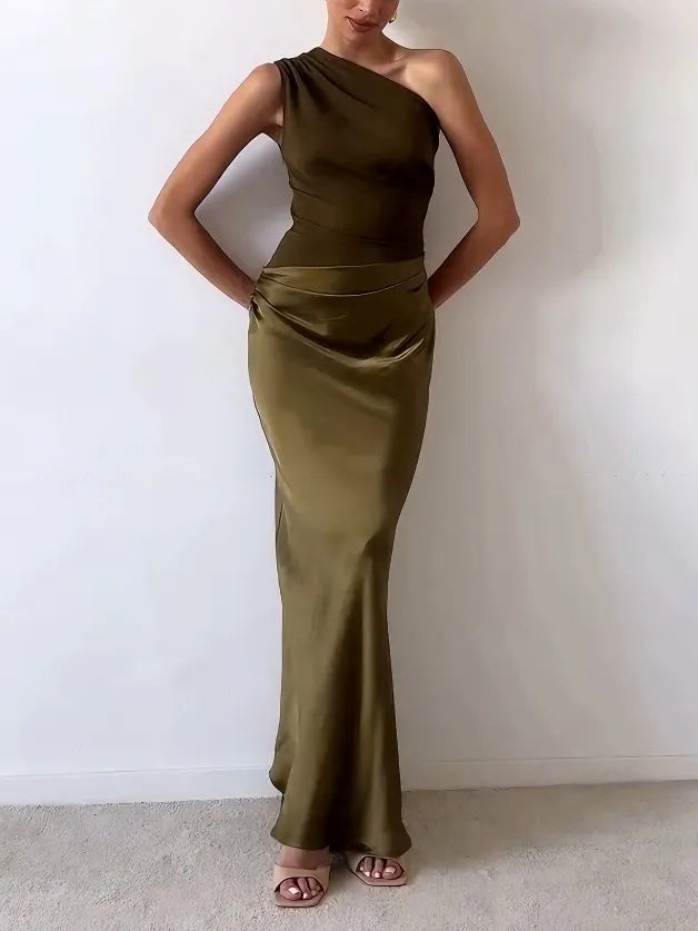 Women's Dress - Elegant One Shoulder Neck Pleated Party M in Brown