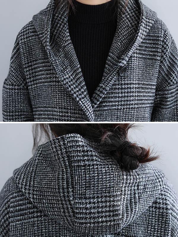 Hooded longline coat in a fine check with two patch pockets