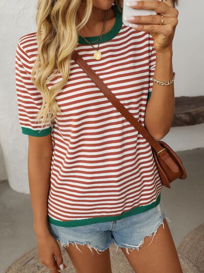 Striped knit top with a round neck and half sleeves – view 1