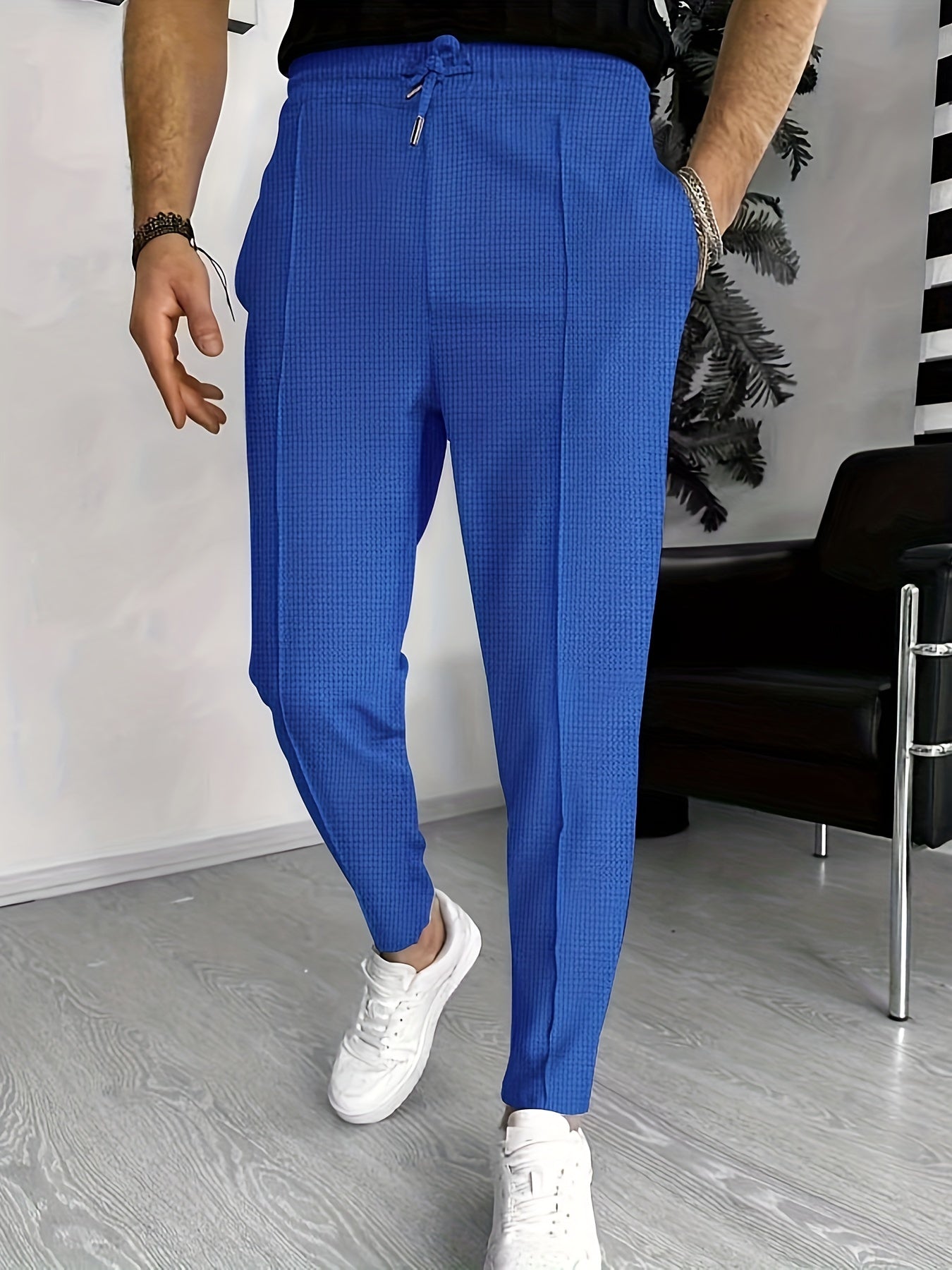 Men's Waffle Texture Stretch Trousers - back view | SAINT DOR