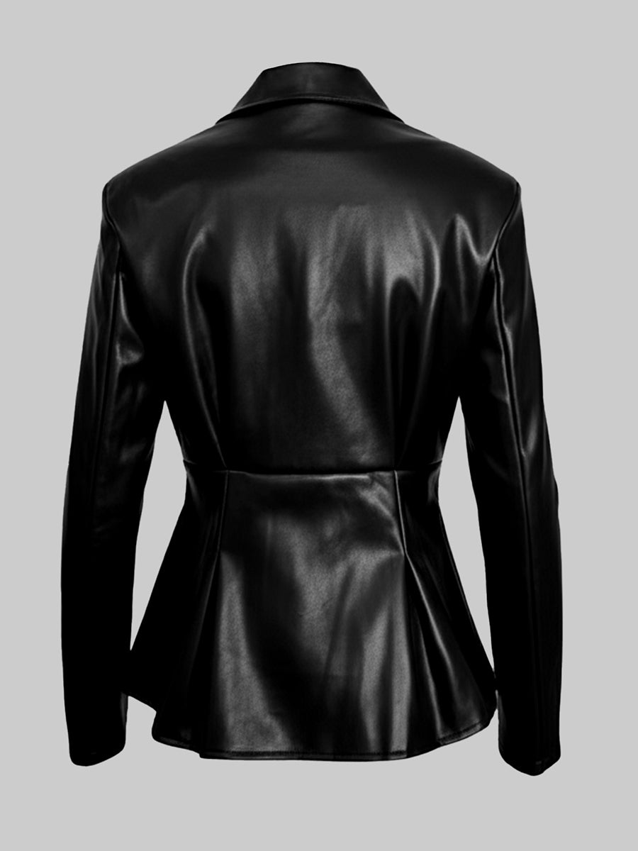 Fitted black faux leather blazer with a peak lapel and gold-tone buttons