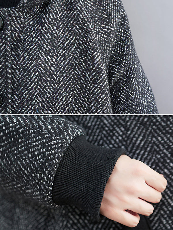 Grey herringbone hooded coat with ribbed cuffs and contrast pocket trims