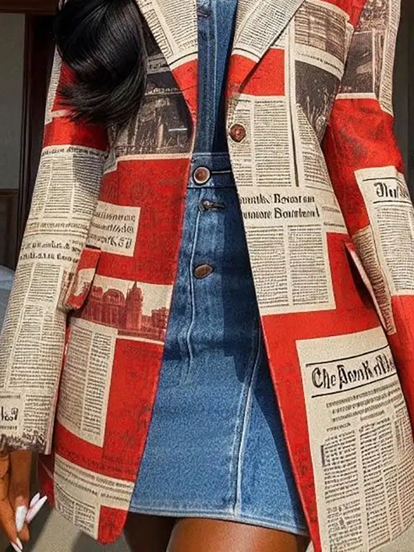 Blazer printed with newsprint columns in red and cream