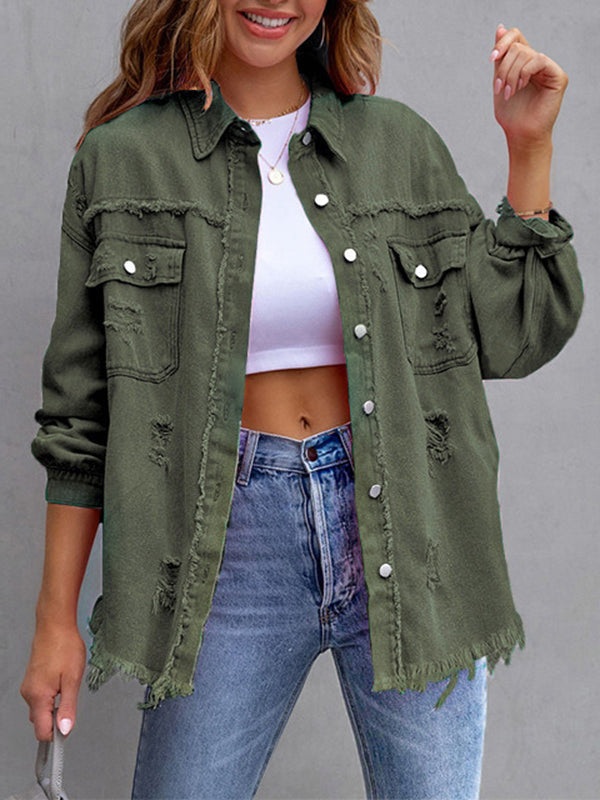 Oversized shirt jacket with frayed edges and chest pockets in olive