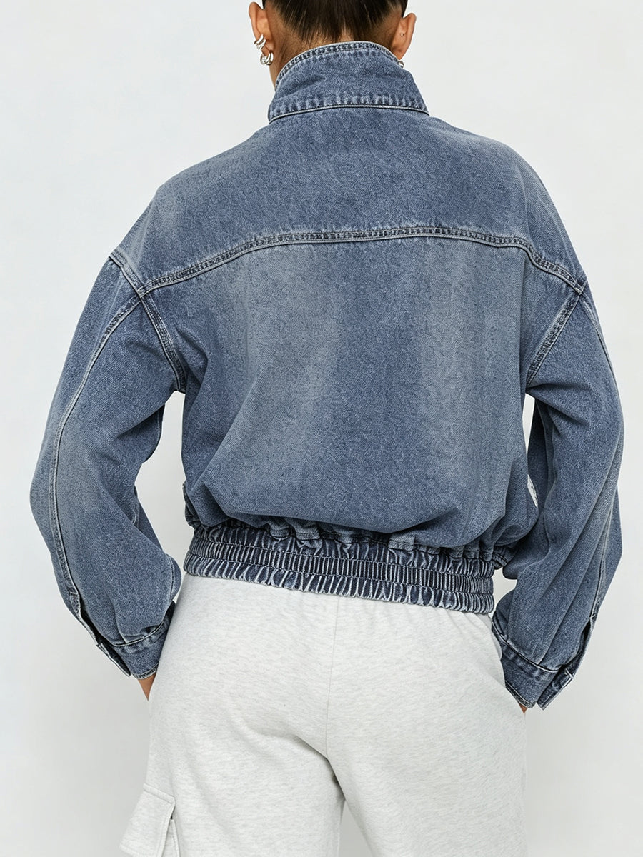 Cropped denim jacket with a high stand collar and balloon sleeves
