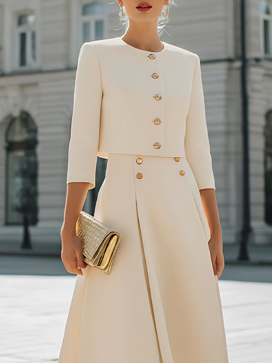 Ivory cropped jacket with a round neck and gold-tone buttons