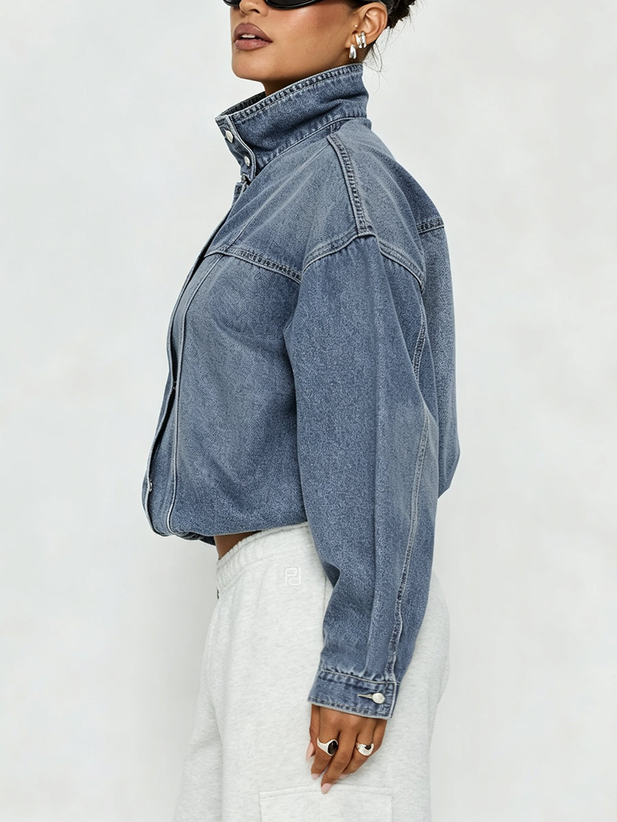 Cropped denim jacket with a high stand collar and balloon sleeves