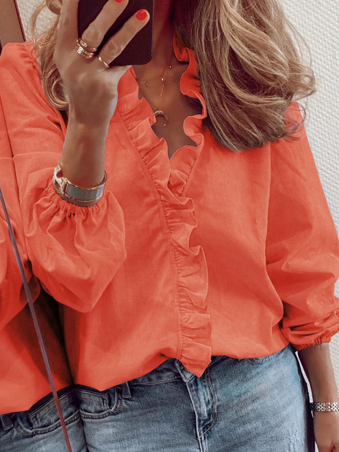 Women's ruffled V-neck blouse - detail