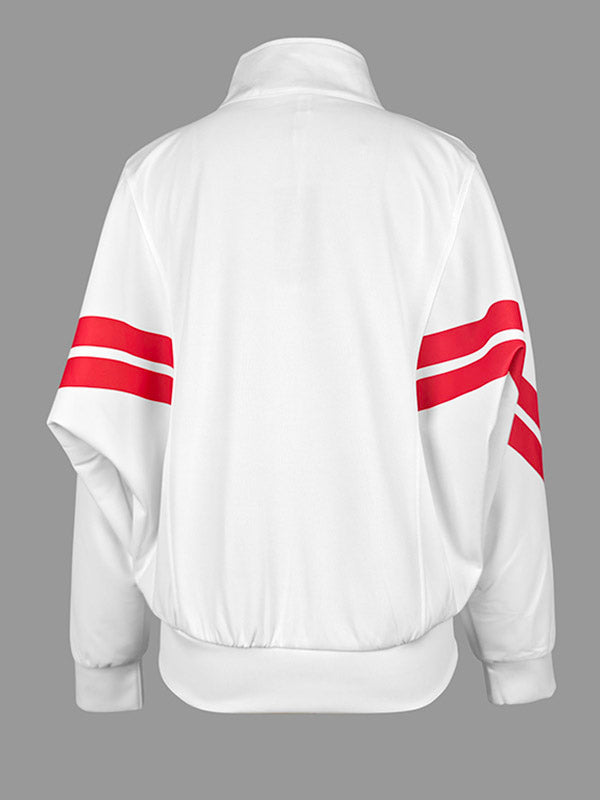 White track jacket with twin red stripes across the sleeves