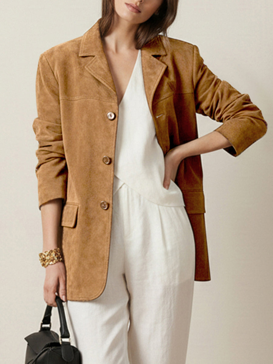 Tan suede-look blazer with a notch lapel and two flap pockets