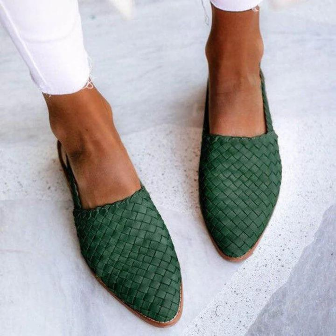 Women's Loafers - Elegant Woven Vegan Leather Ballerinas in Dark Brown
