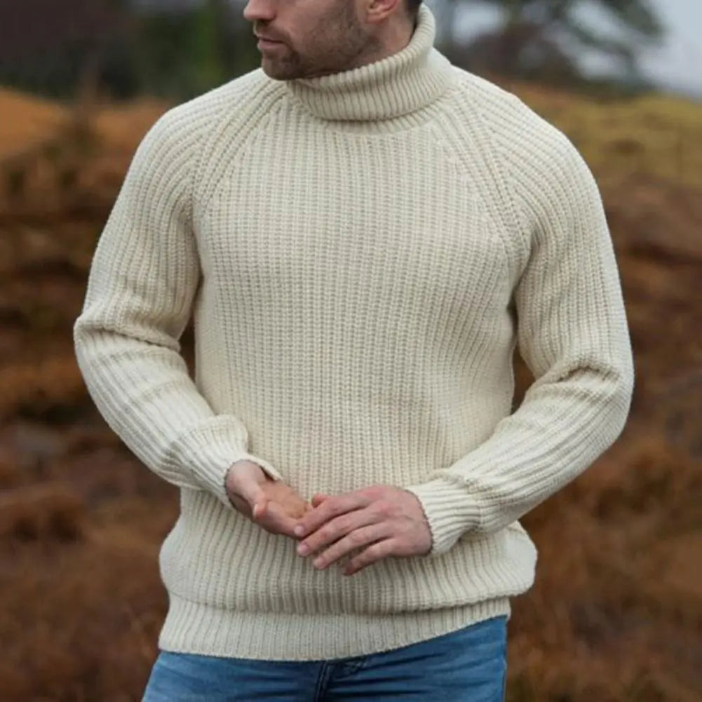Men's ribbed roll neck jumper in ecru