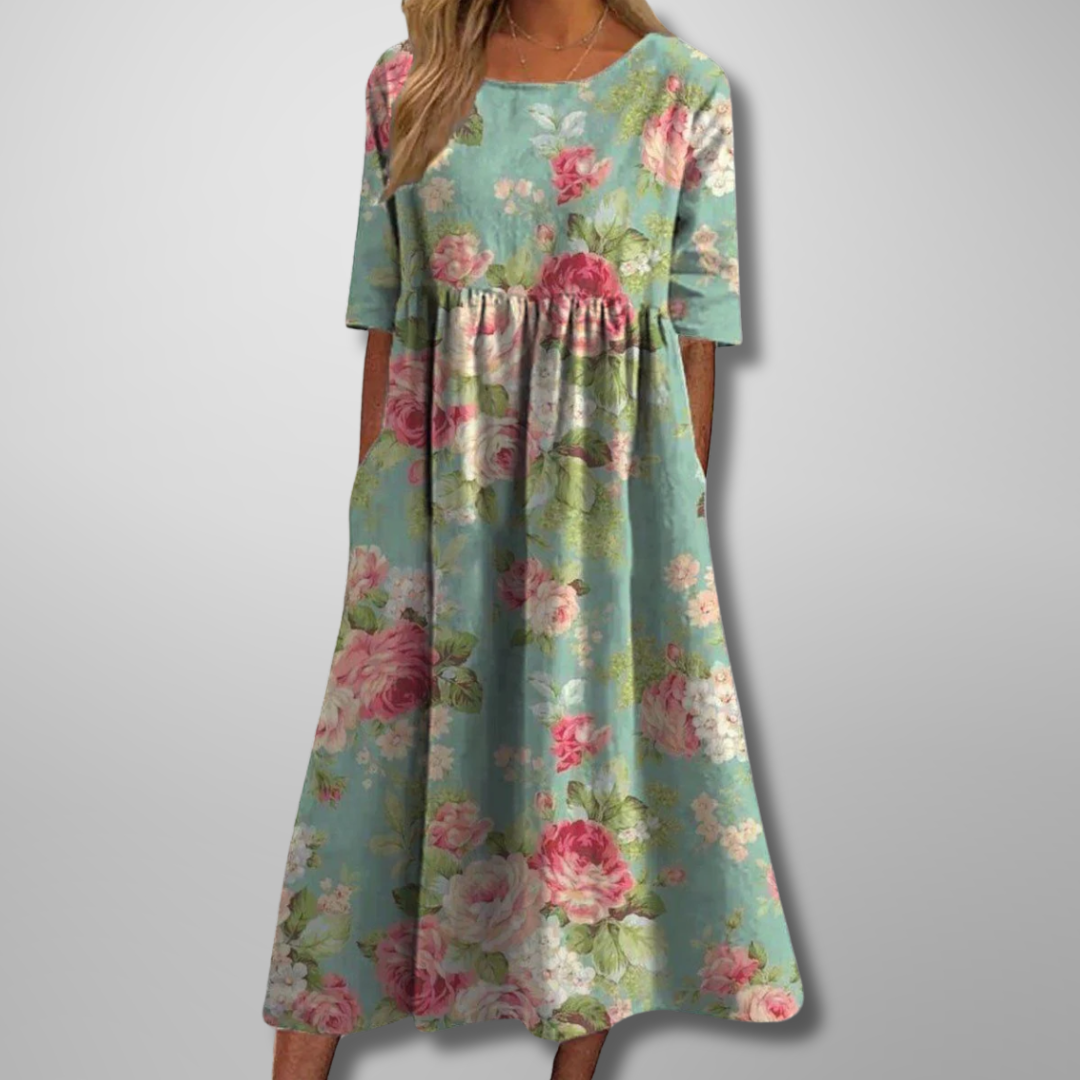 Women's Dress - Relaxed Floral Midi Dress in Navy Blue (Almost sold out)