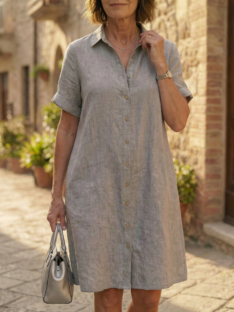 Women's Button-Front Knee-Length Dress Courtyard Walk – Saint Dor UK – lifestyle shot