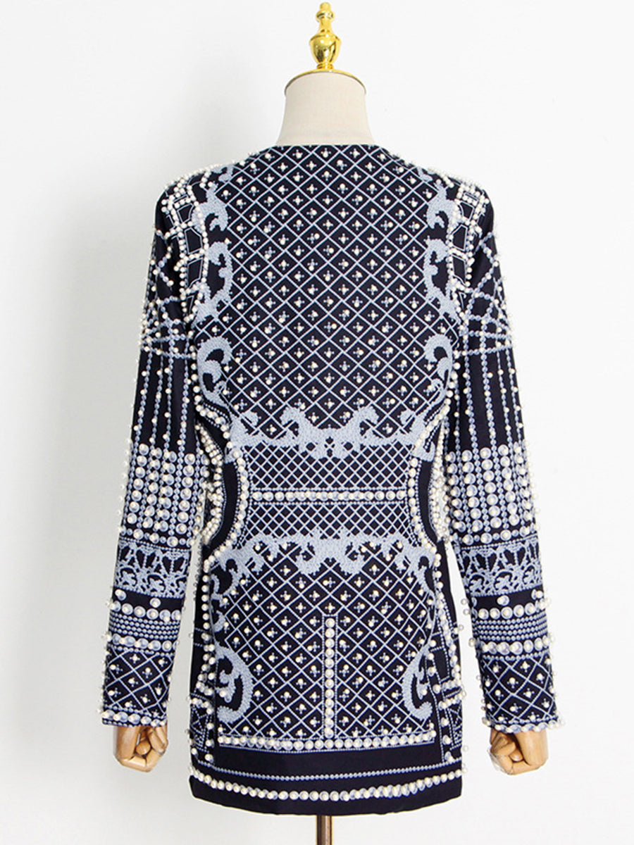 Beaded blazer with an ornamental pattern and a deep V-neck