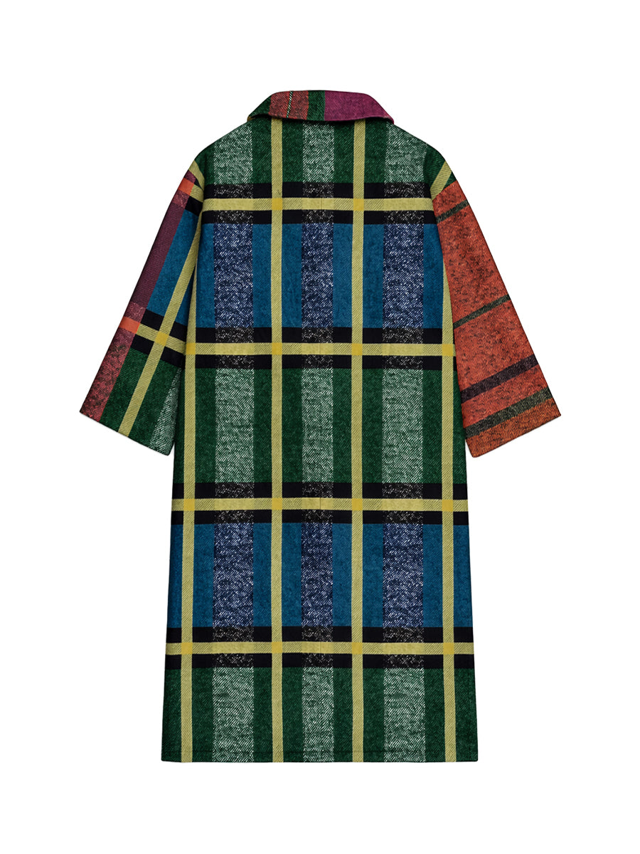 Longline coat in bright multicolour plaid with a lapel collar