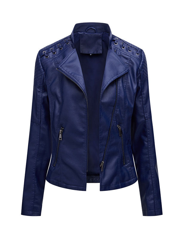 Faux leather biker jacket with lacing across the shoulders in navy