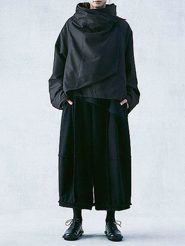 Draped jacket with an asymmetric fold-over front and stand collar