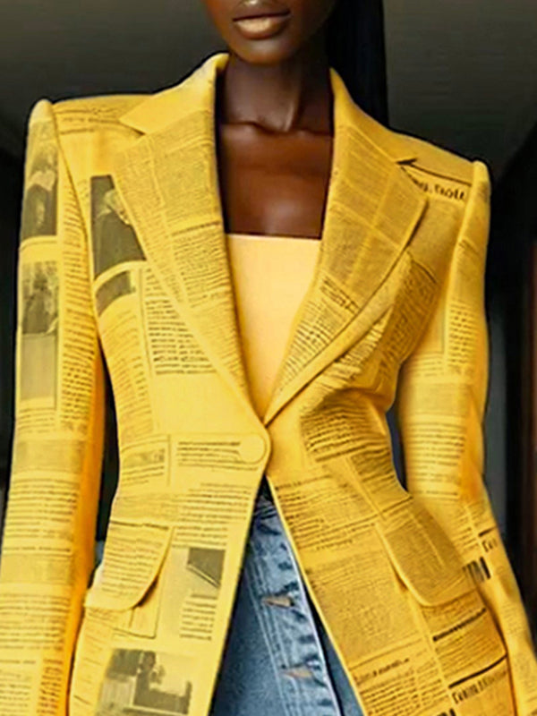 Fitted yellow blazer printed with newspaper columns and a peak lapel