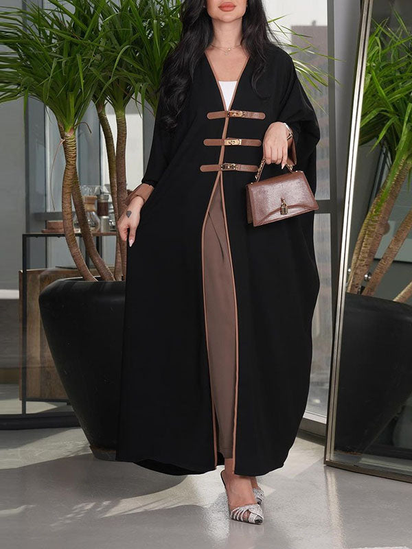 Floor-length open abaya with a contrast facing and gold-tone clasps