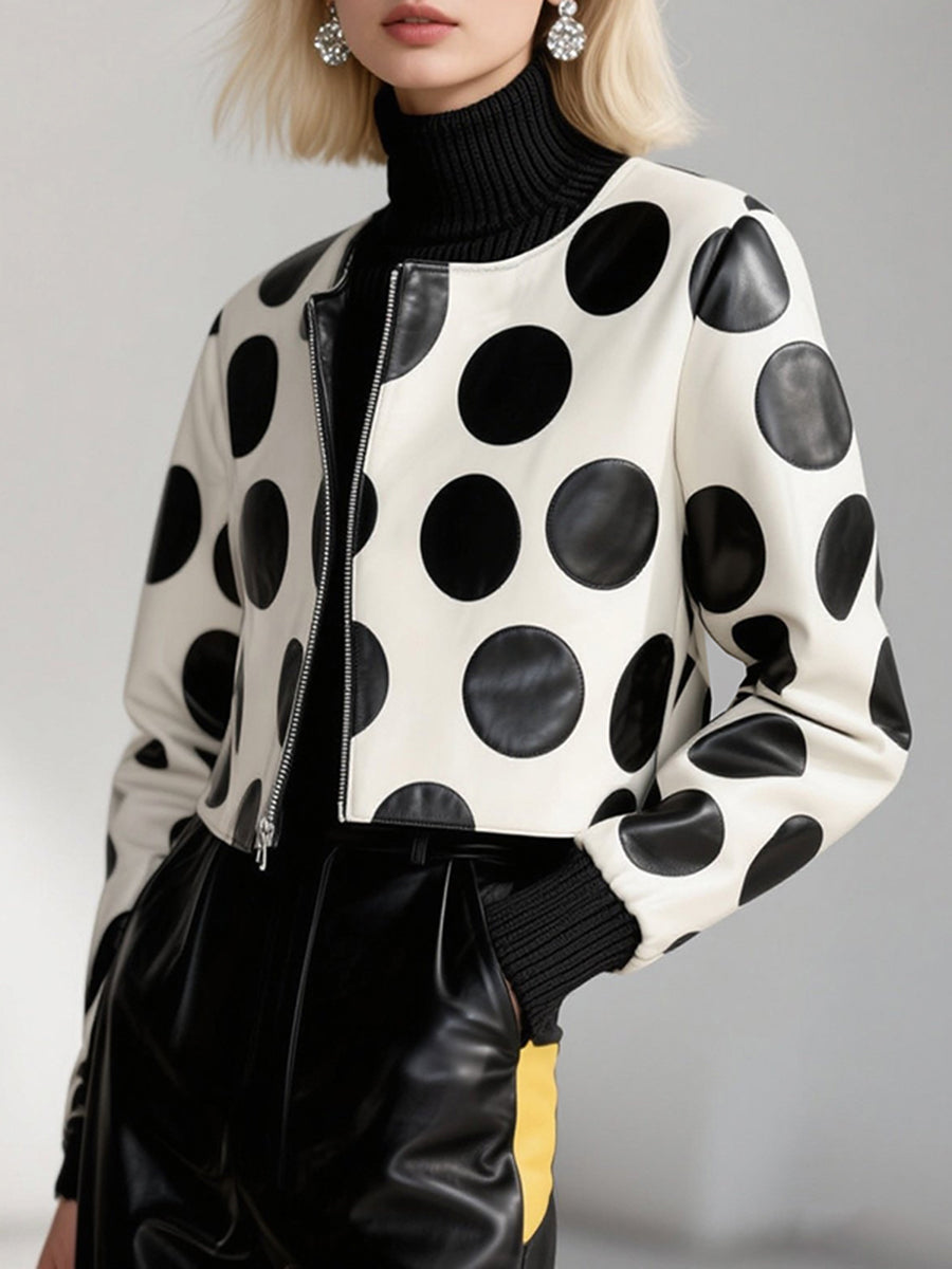 Cropped polka dot jacket in cream and black with panelled shoulders
