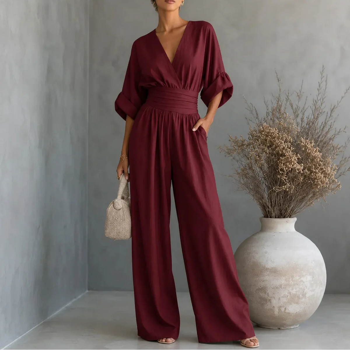 Women's wide leg V-neck jumpsuit in Burgundy