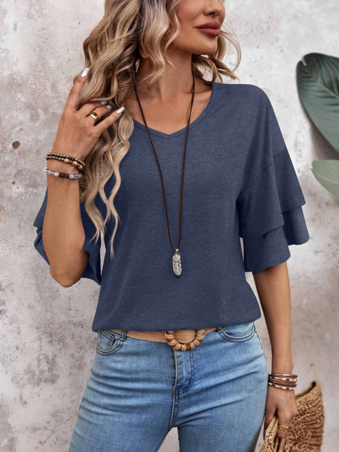 Women's layered flutter sleeve blouse - detail