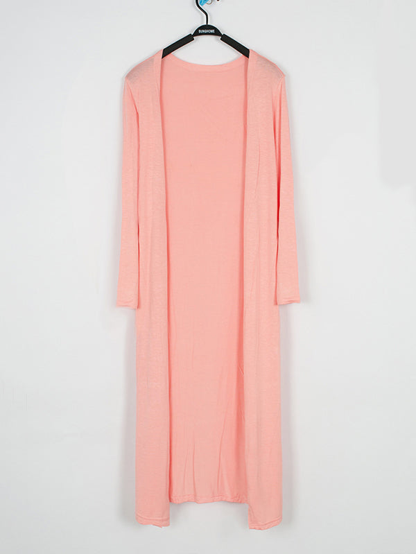 Light longline cardigan hanging open with dropped shoulders in pink