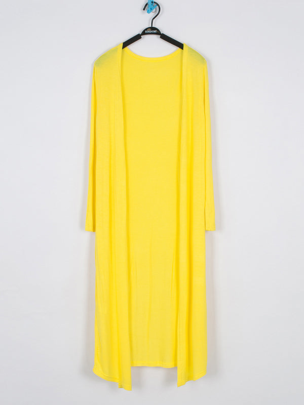Light longline cardigan hanging open with dropped shoulders in yellow