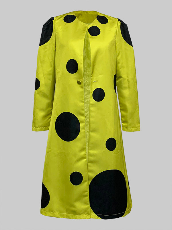 Yellow longline coat with large black polka dots and a round neck