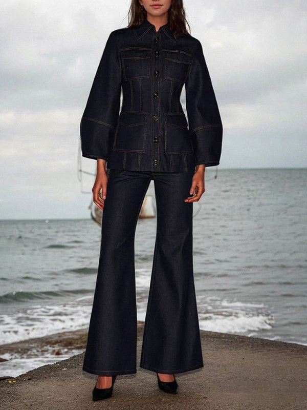 Indigo denim jacket with puff sleeves and four patch pockets
