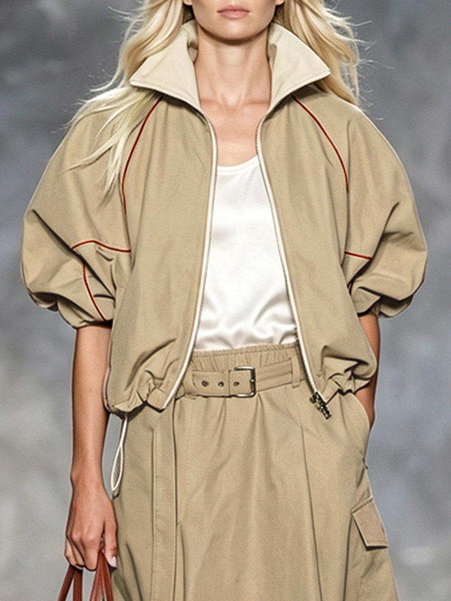 Khaki jacket with rust contrast piping and gathered puff sleeves