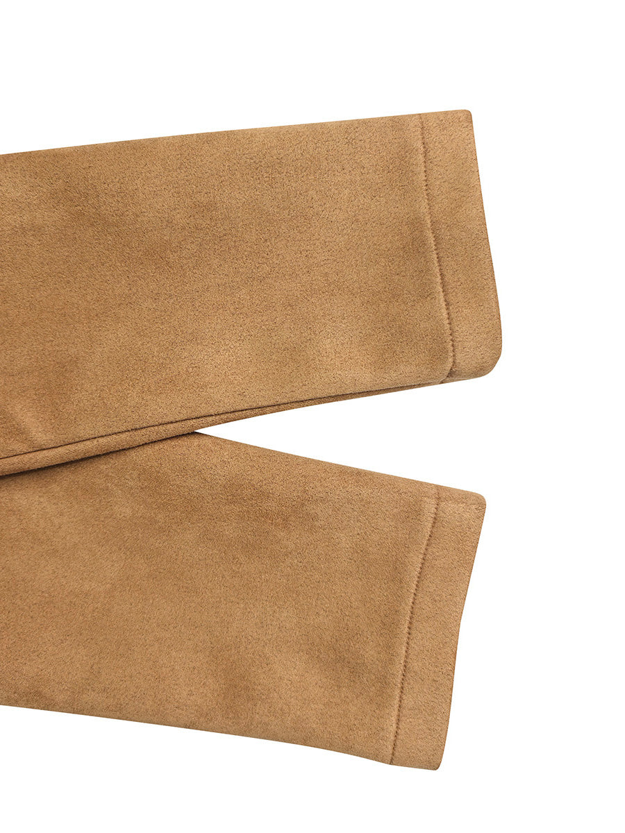 Tan suede-look blazer with a notch lapel and two flap pockets