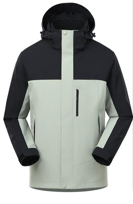 Women's 3-in-1 hooded outdoor jacket with a zip chest pocket and zip-out inner jacket - black/sage